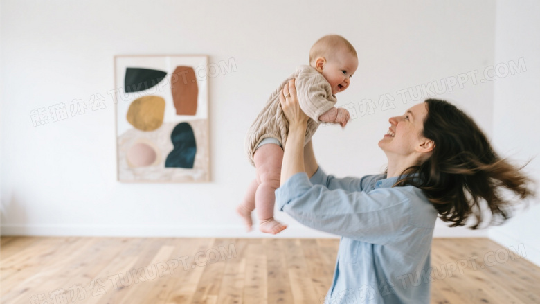 北欧风亲子互动画面极简白色背景前母亲穿雾蓝衬衫托举幼儿转圈