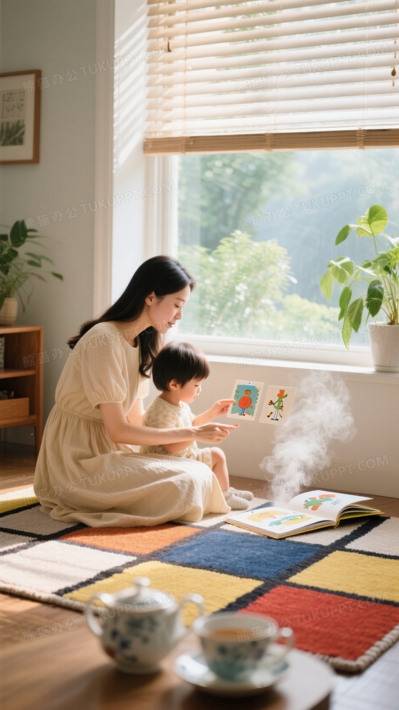 午后窗边亲子时光母亲穿杏色连衣裙教幼儿识图卡