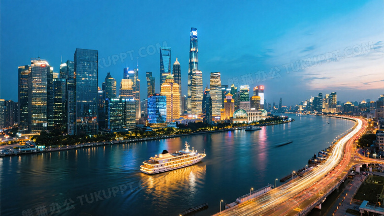 航拍上海黄浦江两岸夜景
