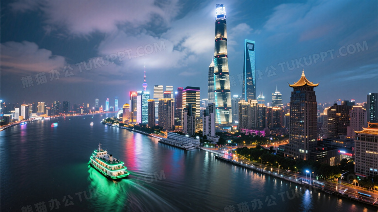 城市天际线鸟瞰图上海中心大厦螺旋形LED灯带与金茂大厦飞檐形成垂直韵律