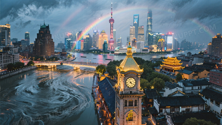 台风过境后航拍城市夜景