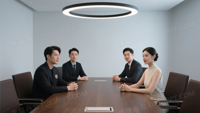 极简风格会议室摆拍对称构图突显四人小组的融洽