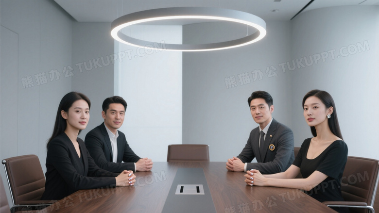 极简风格会议室摆拍对称构图突显四人小组的融洽
