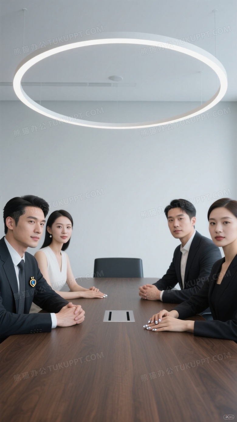 极简风格会议室摆拍对称构图突显四人小组的融洽