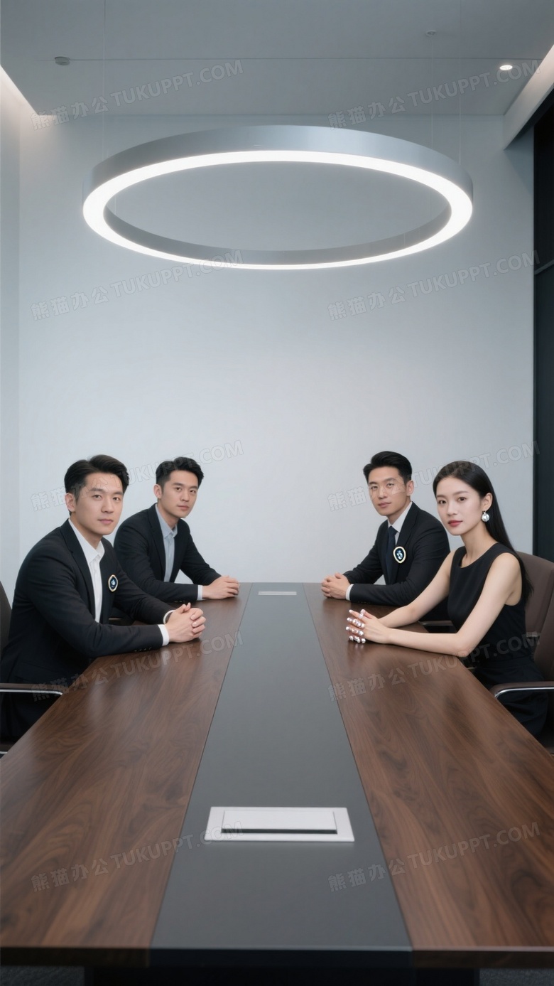 极简风格会议室摆拍对称构图突显四人小组的融洽