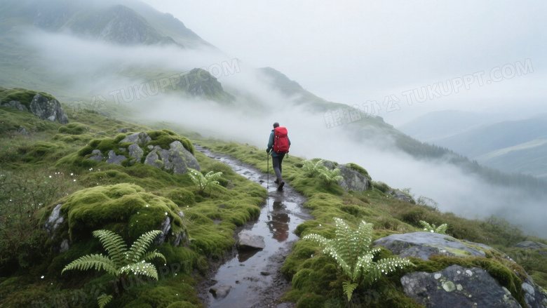 春雾弥漫的山径蜿蜒航拍