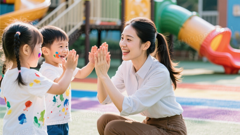 幼儿园操场阳光摄影年轻女教师蹲下与孩子们击掌欢笑