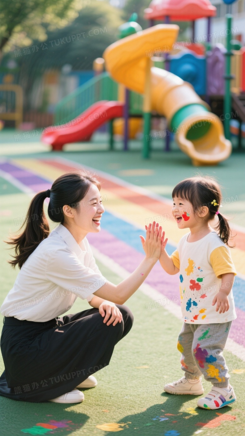 幼儿园操场阳光摄影年轻女教师蹲下与孩子们击掌欢笑