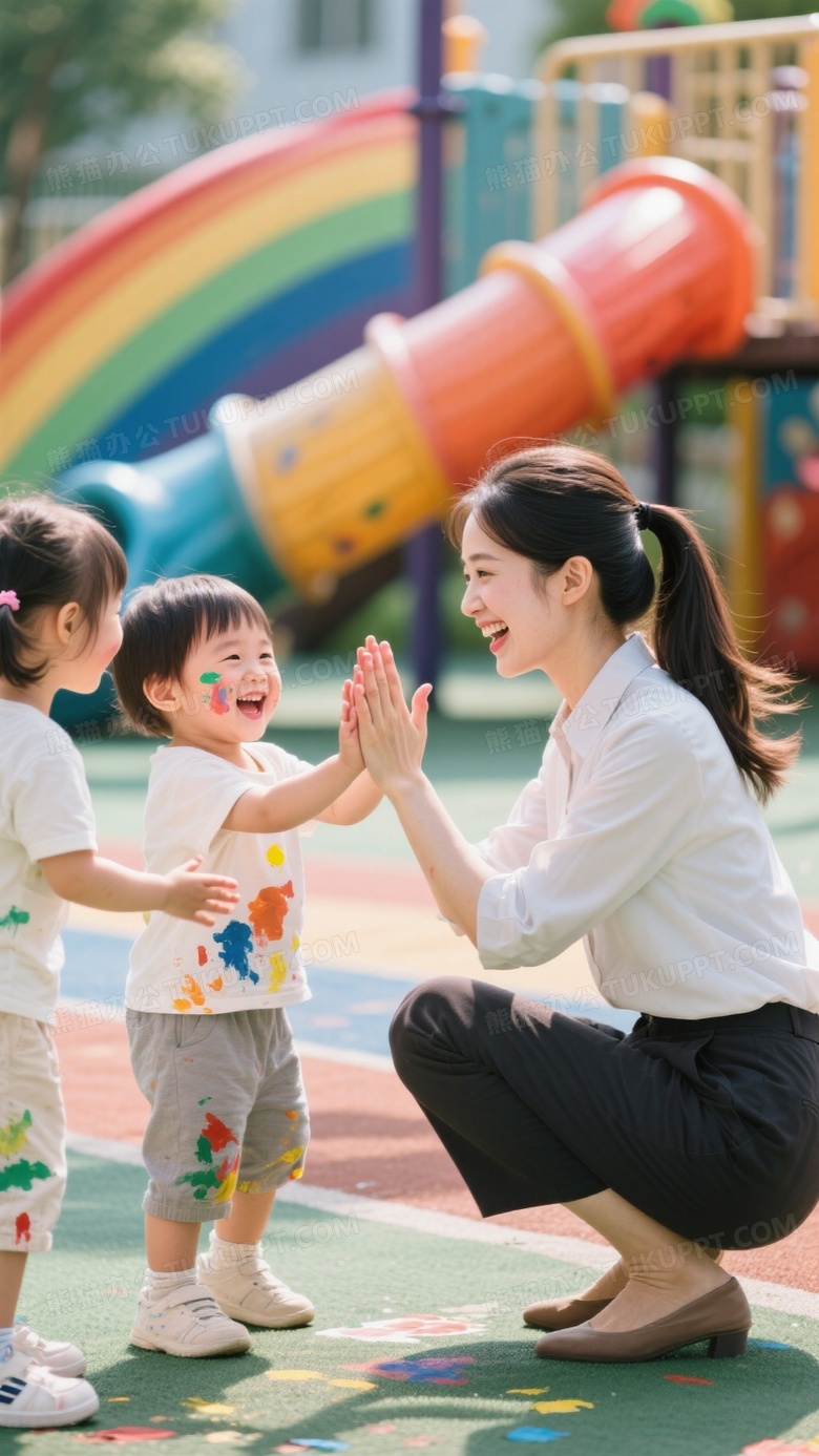 幼儿园操场阳光摄影年轻女教师蹲下与孩子们击掌欢笑