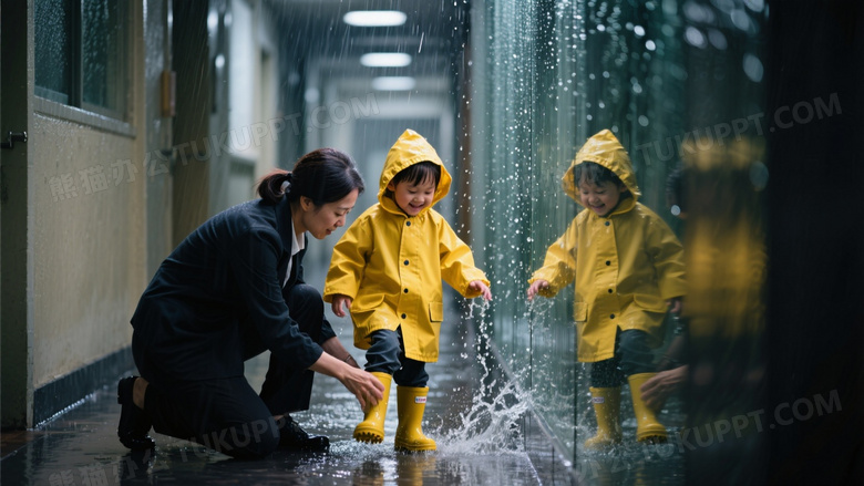 雨天走廊纪实摄影教师单膝跪地为双胞胎调整雨靴