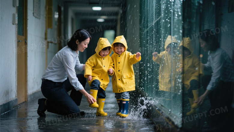 雨天走廊纪实摄影教师单膝跪地为双胞胎调整雨靴