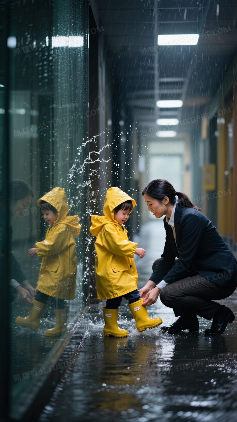 雨天走廊纪实摄影教师单膝跪地为双胞胎调整雨靴