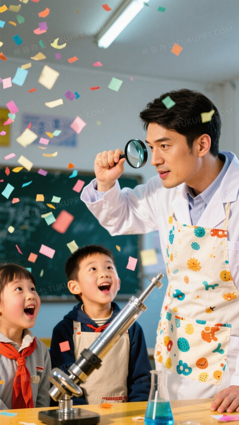 科学教室互动抓拍教师示范放大镜聚焦实验引发孩子们惊叹表情