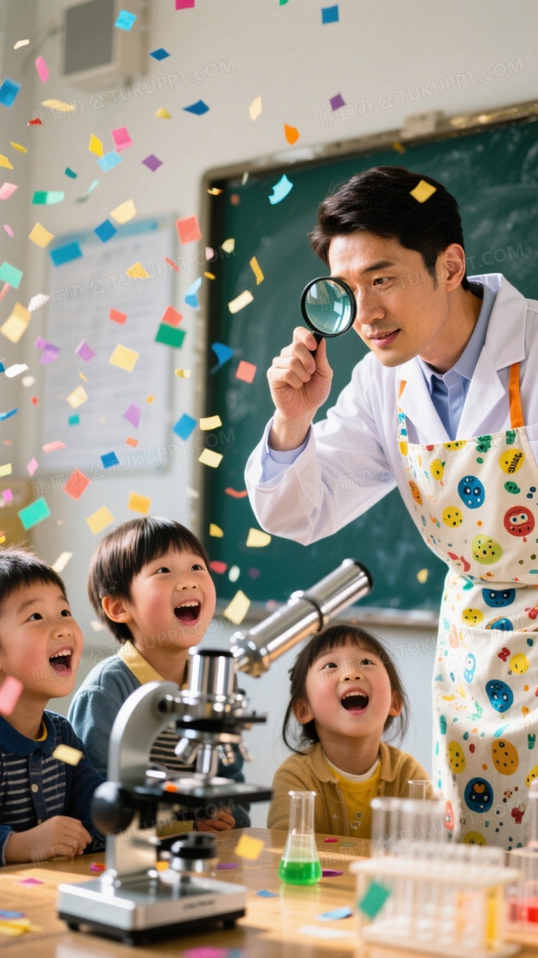 科学教室互动抓拍教师示范放大镜聚焦实验引发孩子们惊叹表情
