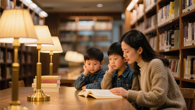 图书馆暖调环境摄影教师轻声朗读时孩子们托腮倾听