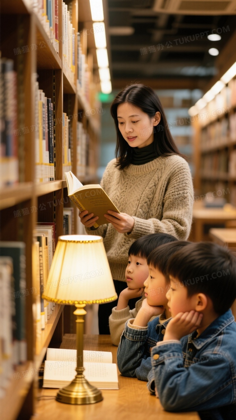 图书馆暖调环境摄影教师轻声朗读时孩子们托腮倾听