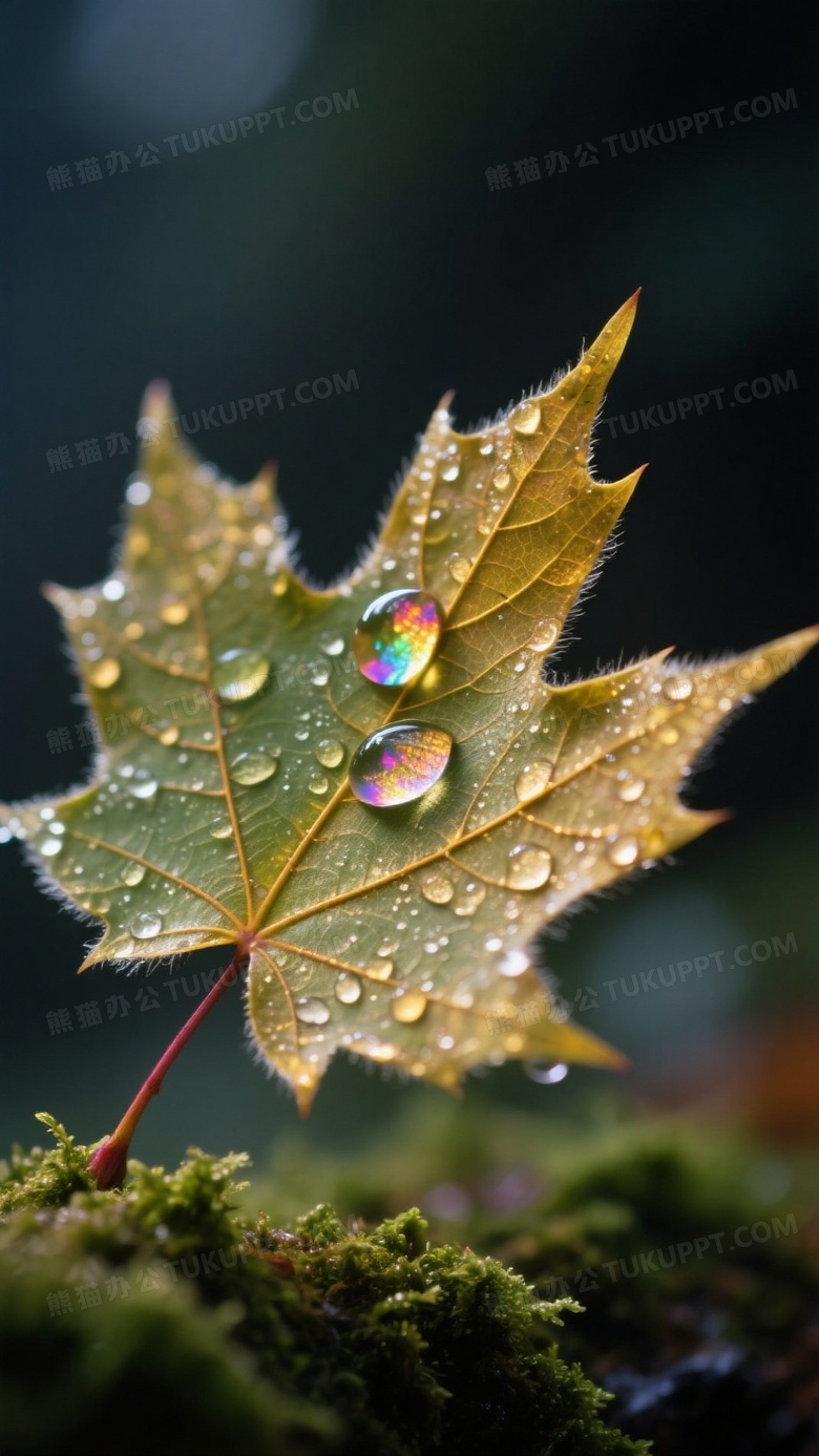 晨露浸润的枫叶微距特写