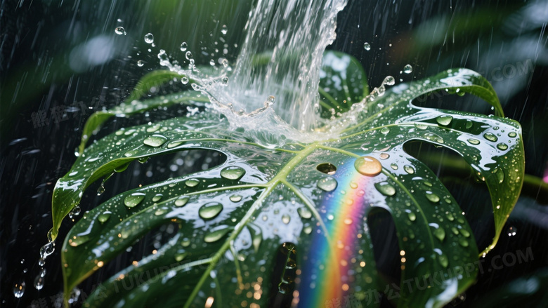 热带龟背竹叶面暴雨特写