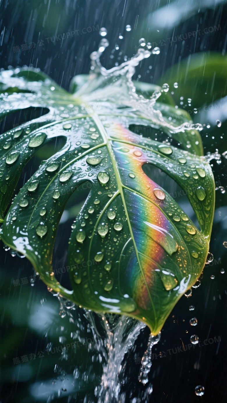 热带龟背竹叶面暴雨特写