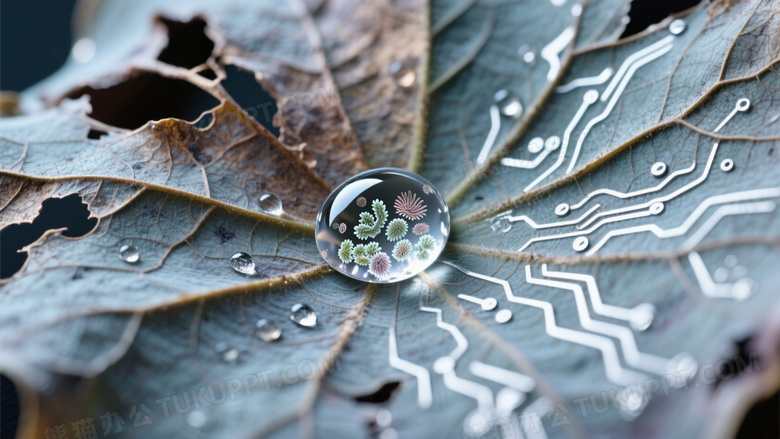 枯荷残叶中央凝结水晶珠