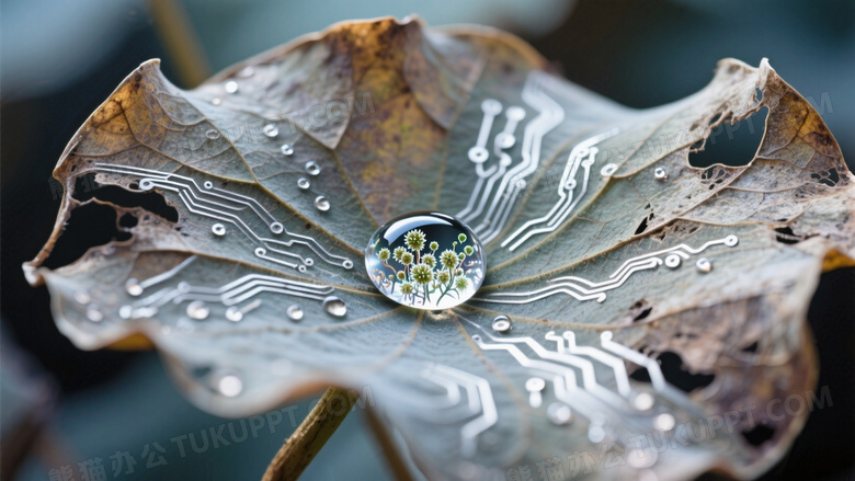 枯荷残叶中央凝结水晶珠