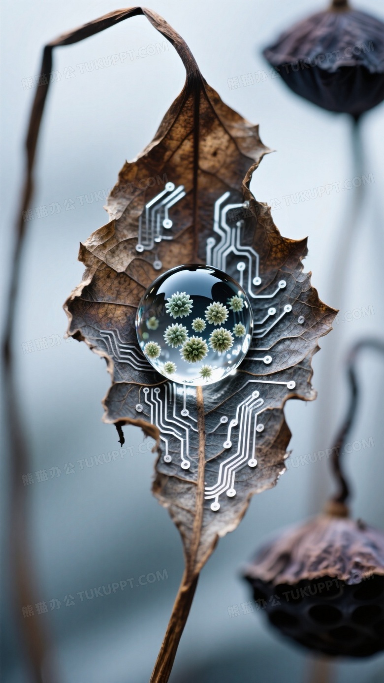 枯荷残叶中央凝结水晶珠