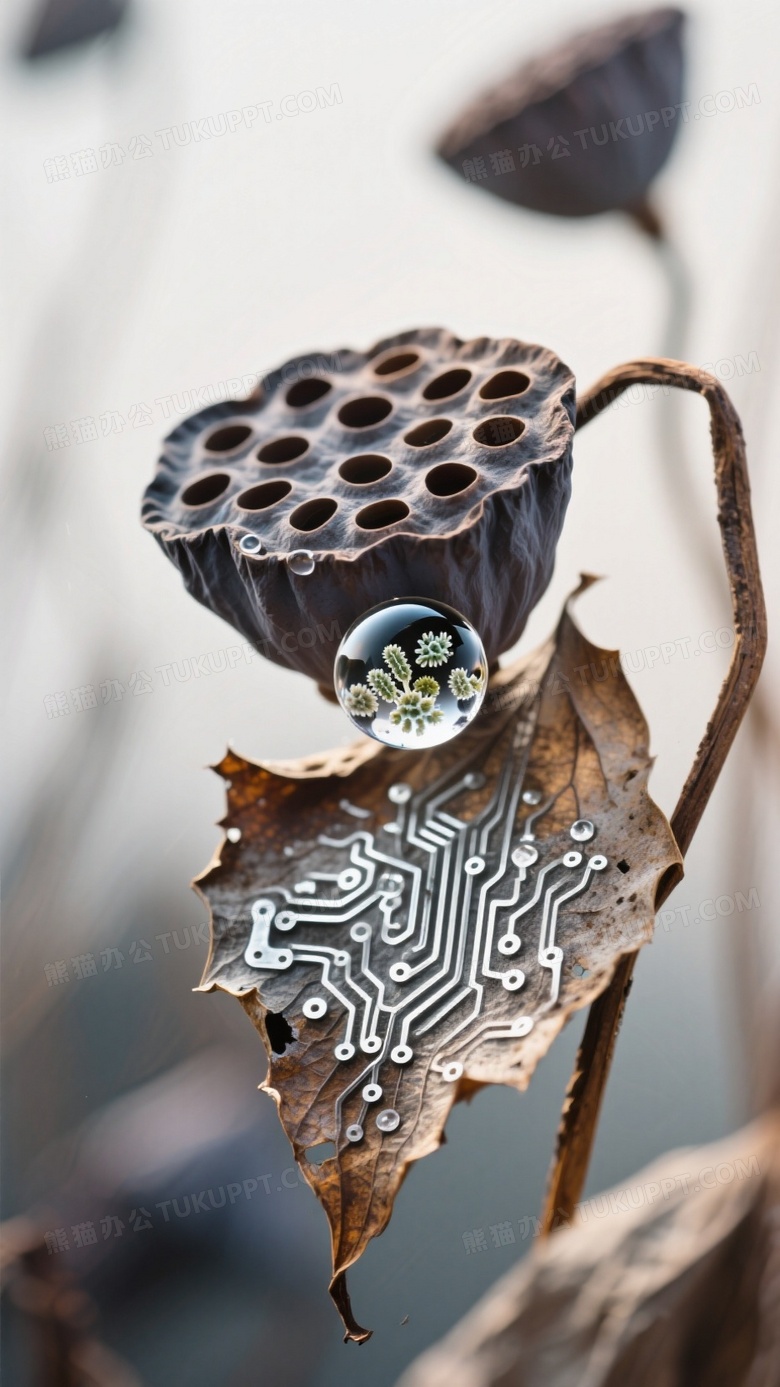 枯荷残叶中央凝结水晶珠