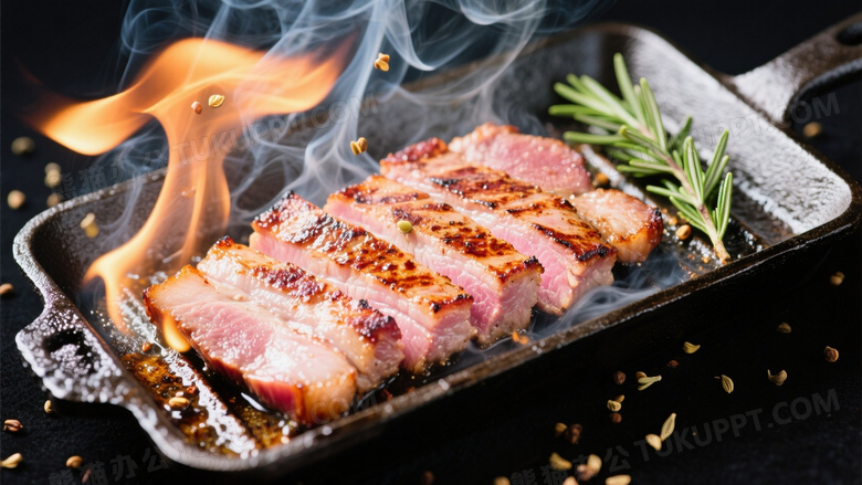 炭烤猪颈肉动态摄影焦糖色烤痕与粉色肉汁形成撞色