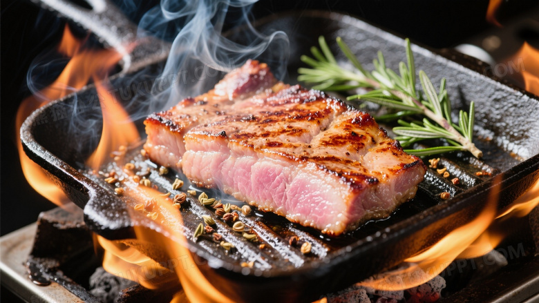 炭烤猪颈肉动态摄影焦糖色烤痕与粉色肉汁形成撞色