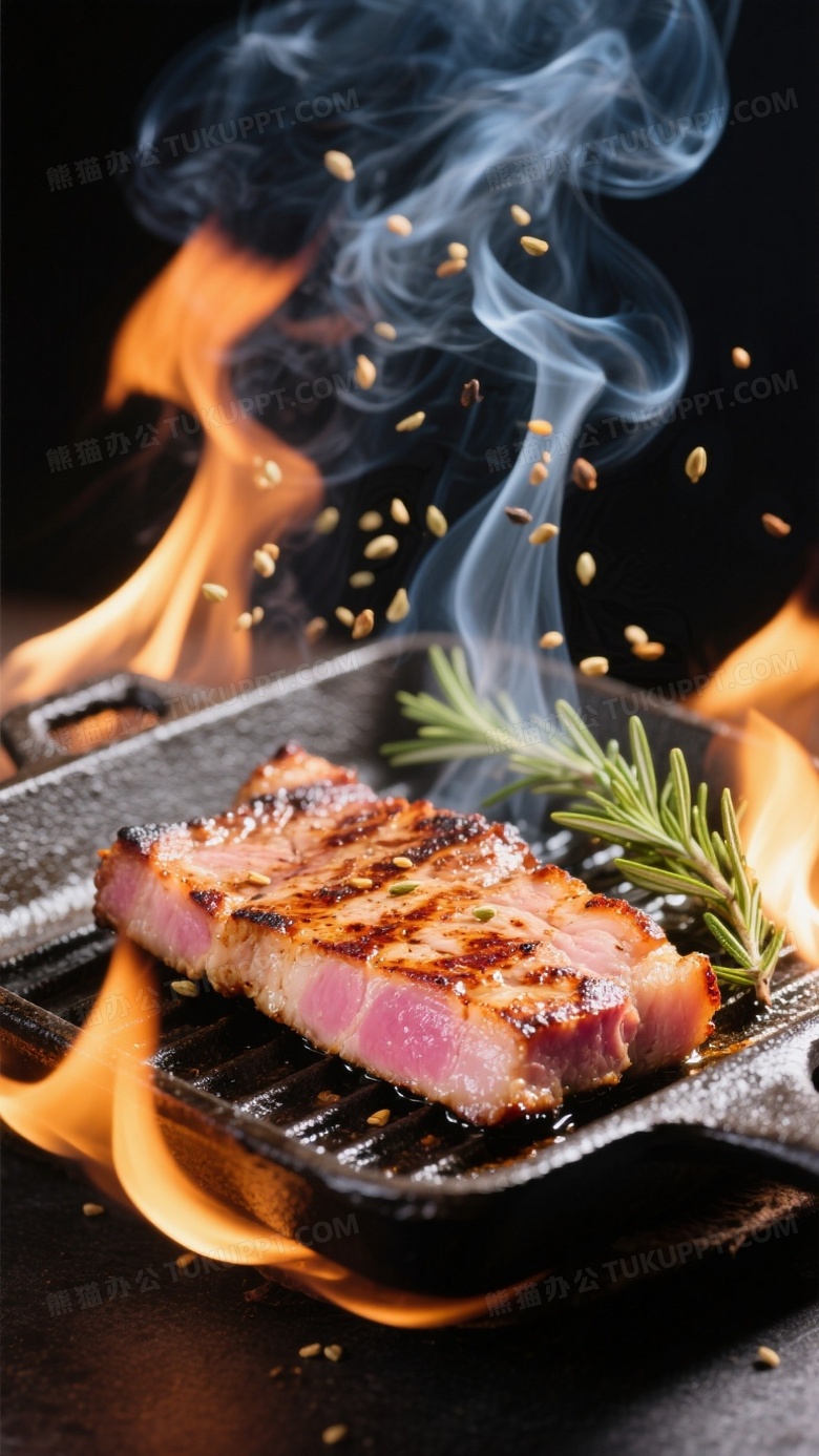 炭烤猪颈肉动态摄影焦糖色烤痕与粉色肉汁形成撞色