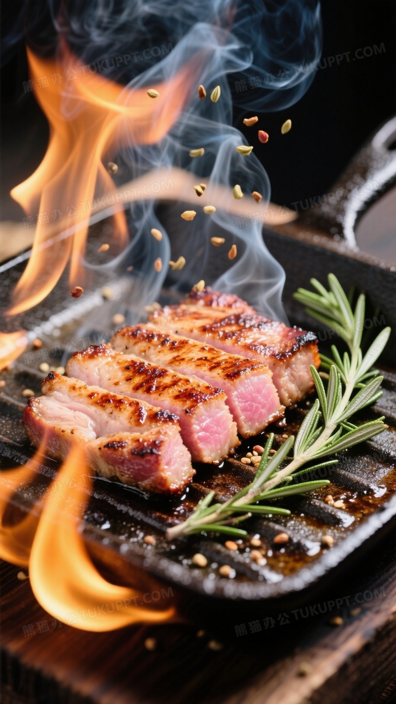 炭烤猪颈肉动态摄影焦糖色烤痕与粉色肉汁形成撞色