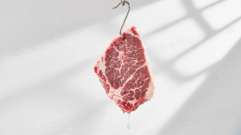 极简主义肉品摄影精修猪梅花肉悬挂于抛光金属钩