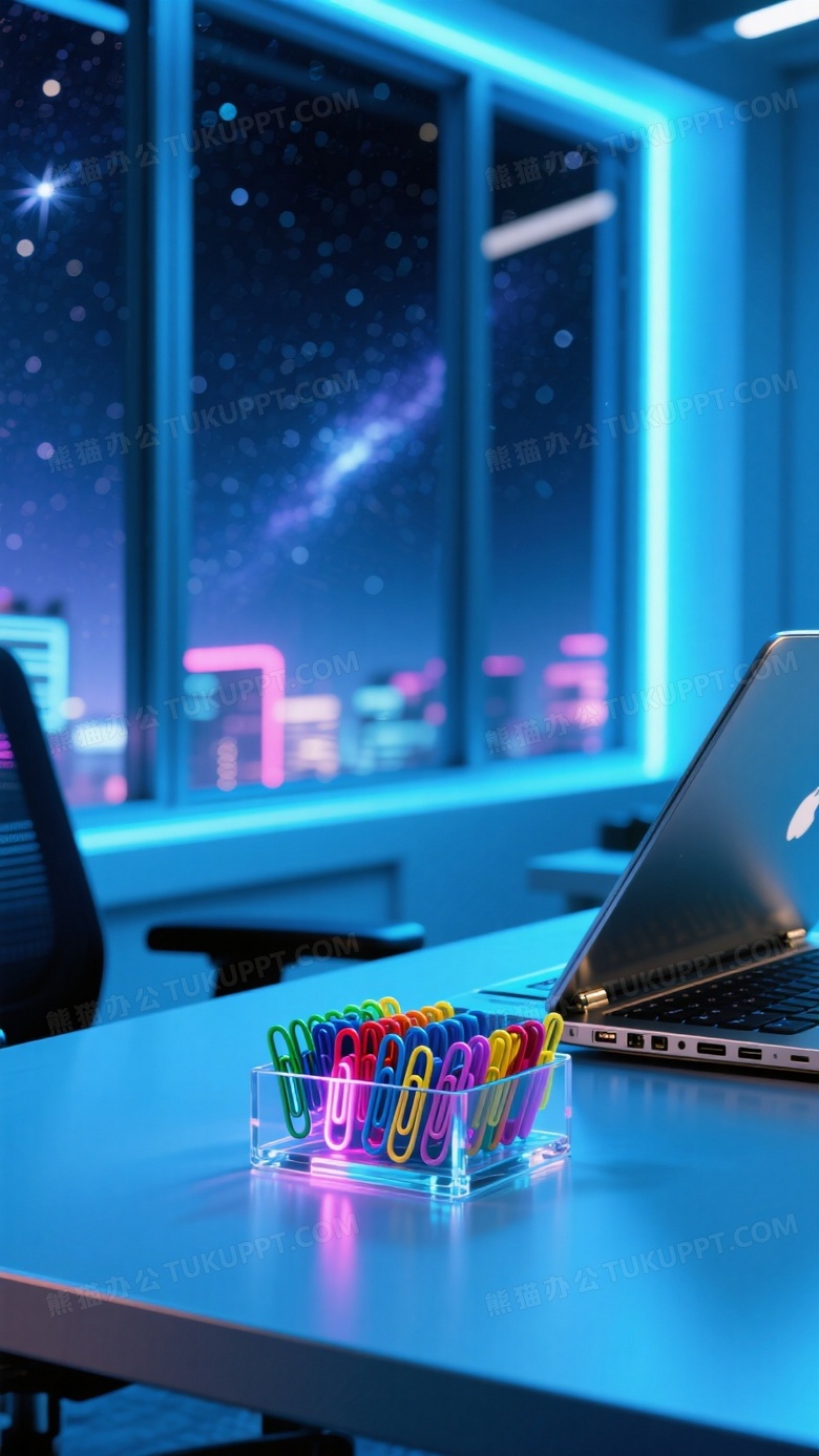 蓝调时刻办公场景冷白光照射亚克力收纳盒内彩色回形针阵列