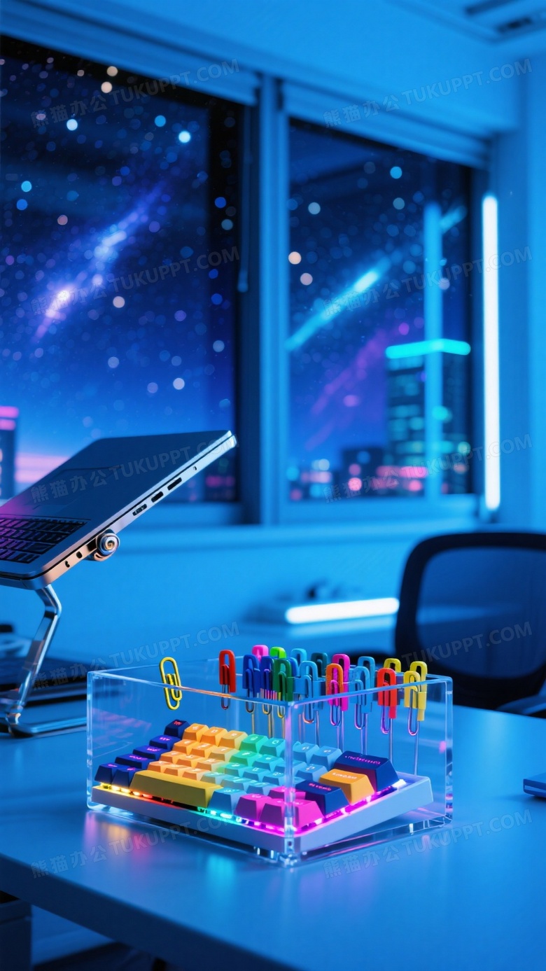 蓝调时刻办公场景冷白光照射亚克力收纳盒内彩色回形针阵列