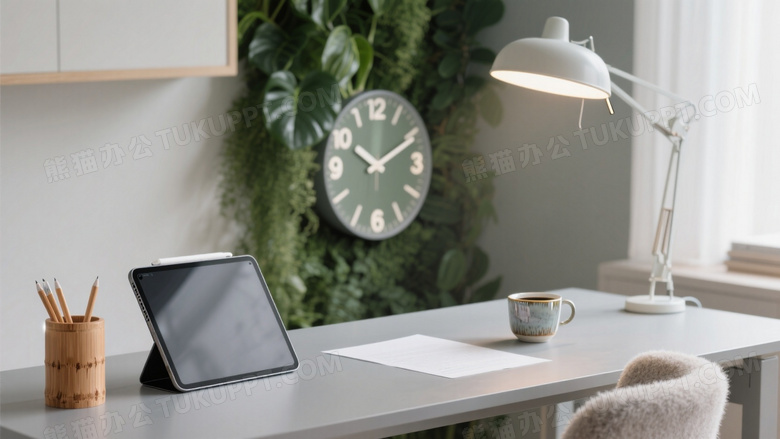 北欧风工作区全景浅灰桌面上iPad