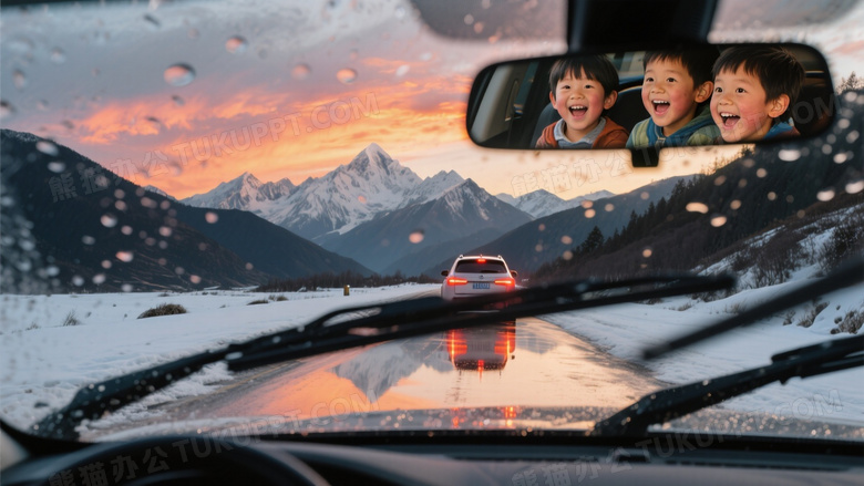 黄昏自驾者视角的挡风玻璃构图