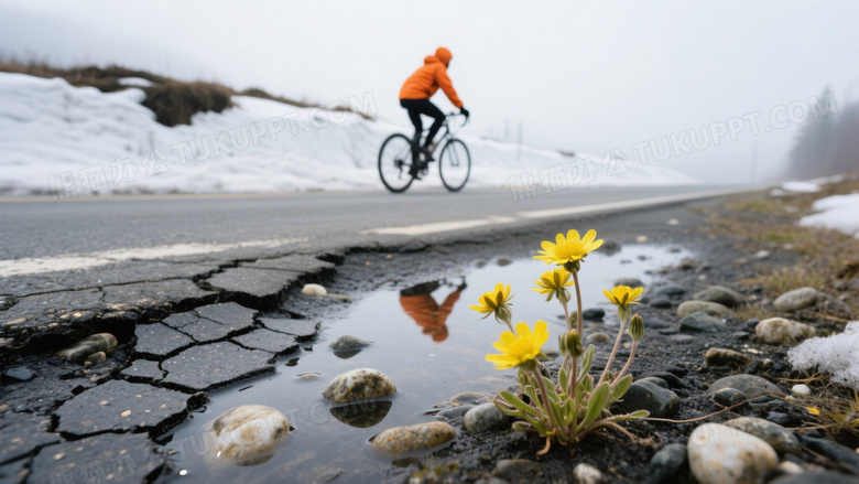 春季融雪期公路特写沥青路面裂纹萌发鹅黄色野花