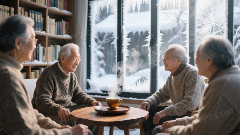 雪景落地窗边老人茶话会