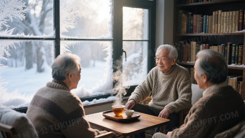 雪景落地窗边老人茶话会