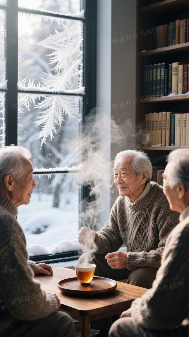 雪景落地窗边老人茶话会
