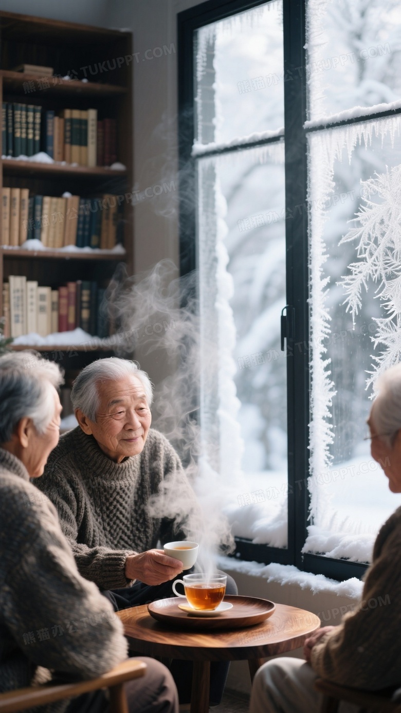 雪景落地窗边老人茶话会