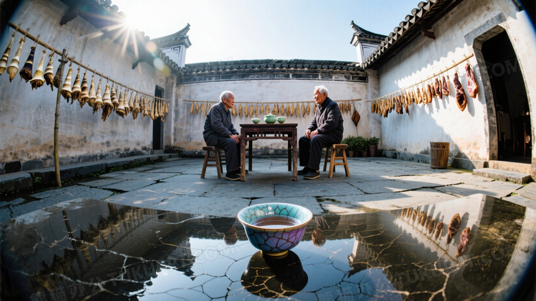 徽派建筑天井内老人茶叙场景