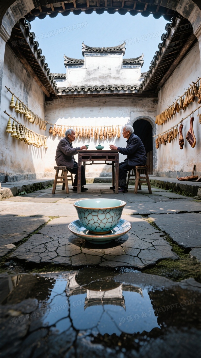 徽派建筑天井内老人茶叙场景