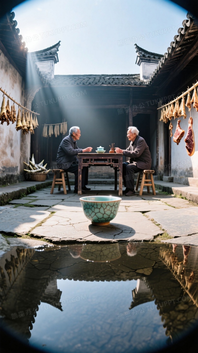 徽派建筑天井内老人茶叙场景