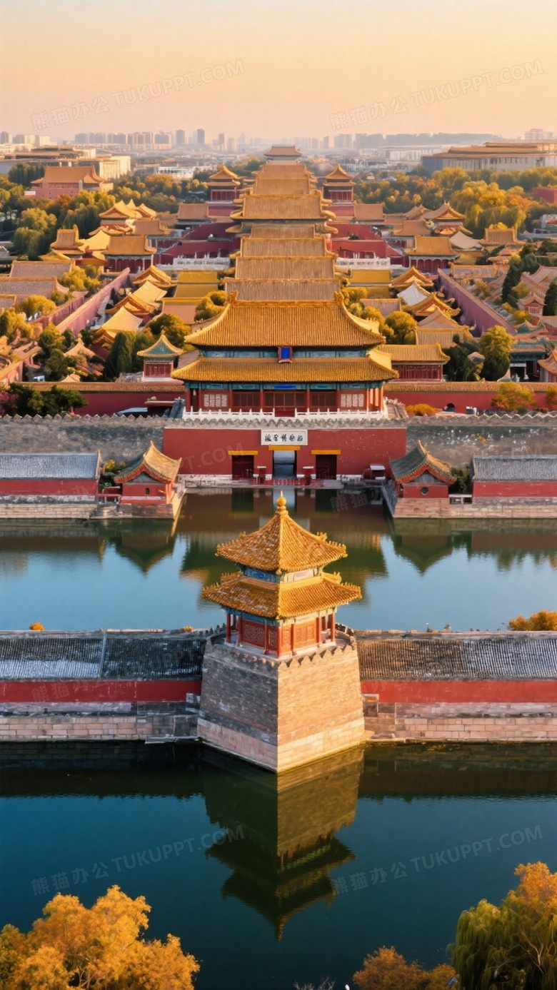 故宫航拍全景俯瞰图金色琉璃瓦在秋日黄昏下泛暖光