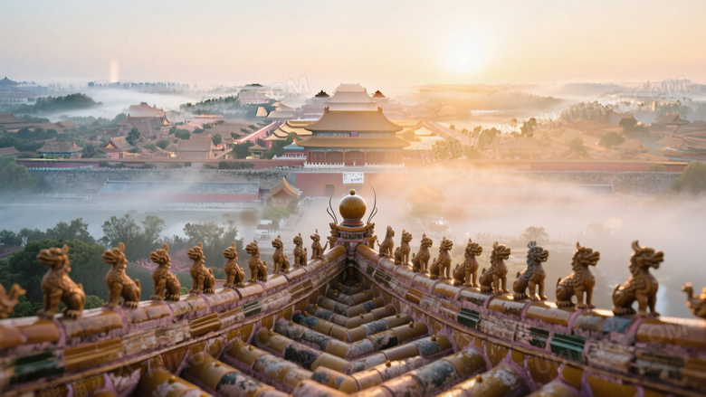 晨曦微露故宫全景航拍