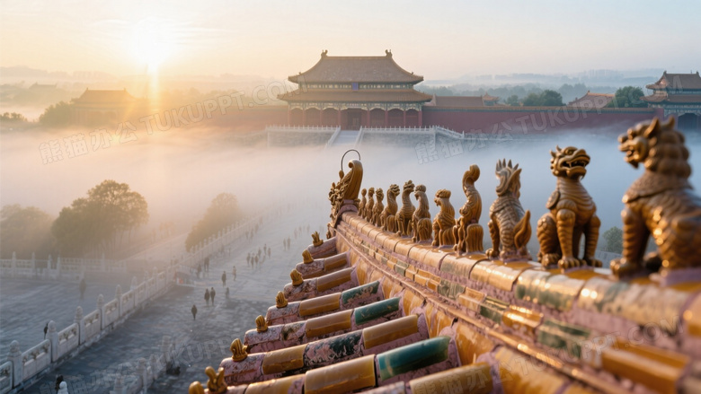 晨曦微露故宫全景航拍