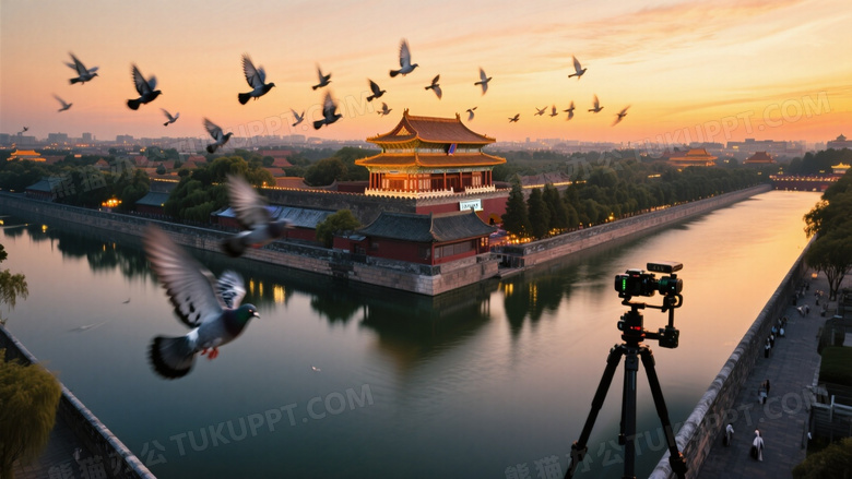故宫暮色全景航拍晚霞将天空染成琥珀色