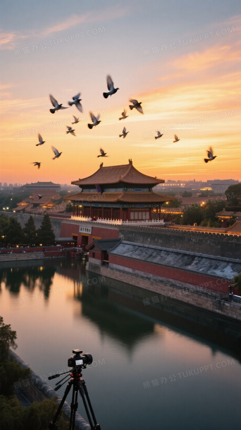 故宫暮色全景航拍晚霞将天空染成琥珀色
