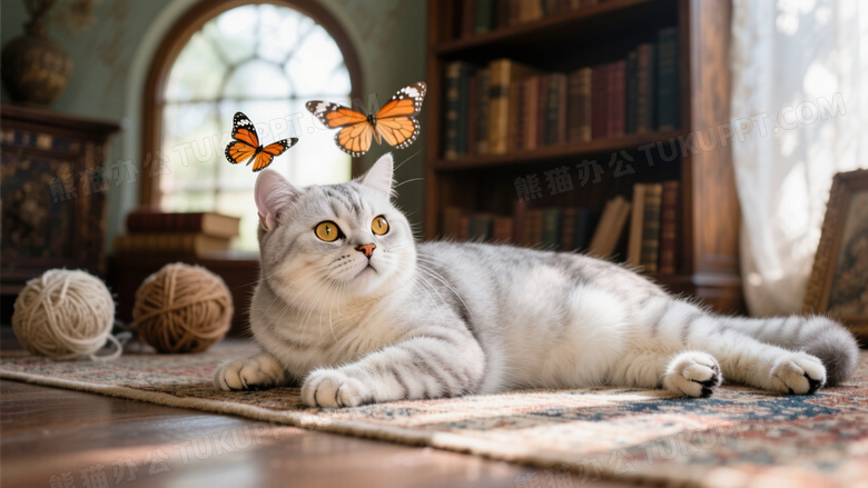 银渐层猫咪侧卧在波斯地毯上